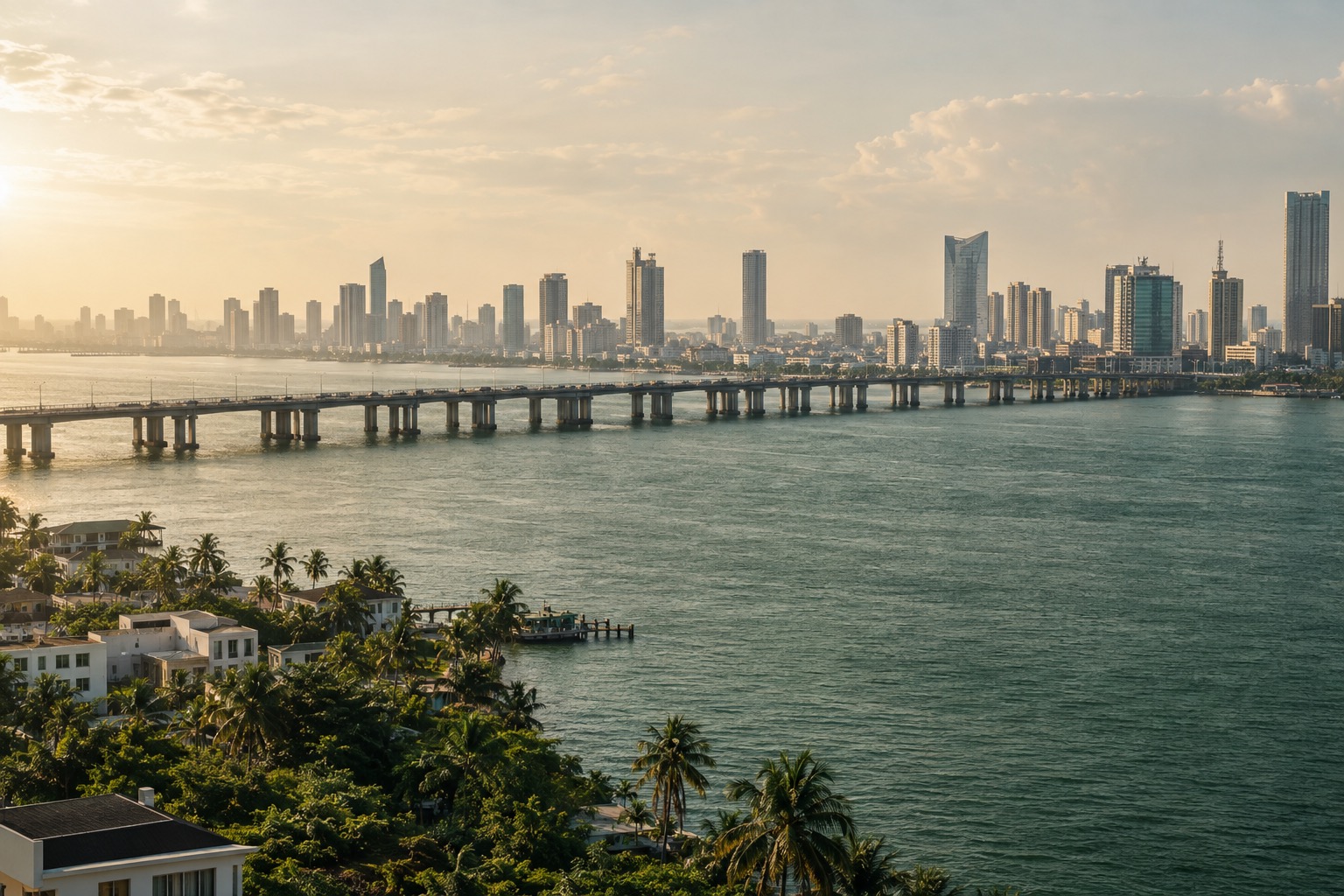 AI-generated illustration of a coastal city skyline and bridge across a lagoon