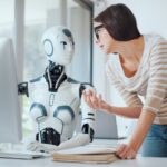 Woman and AI robot working together